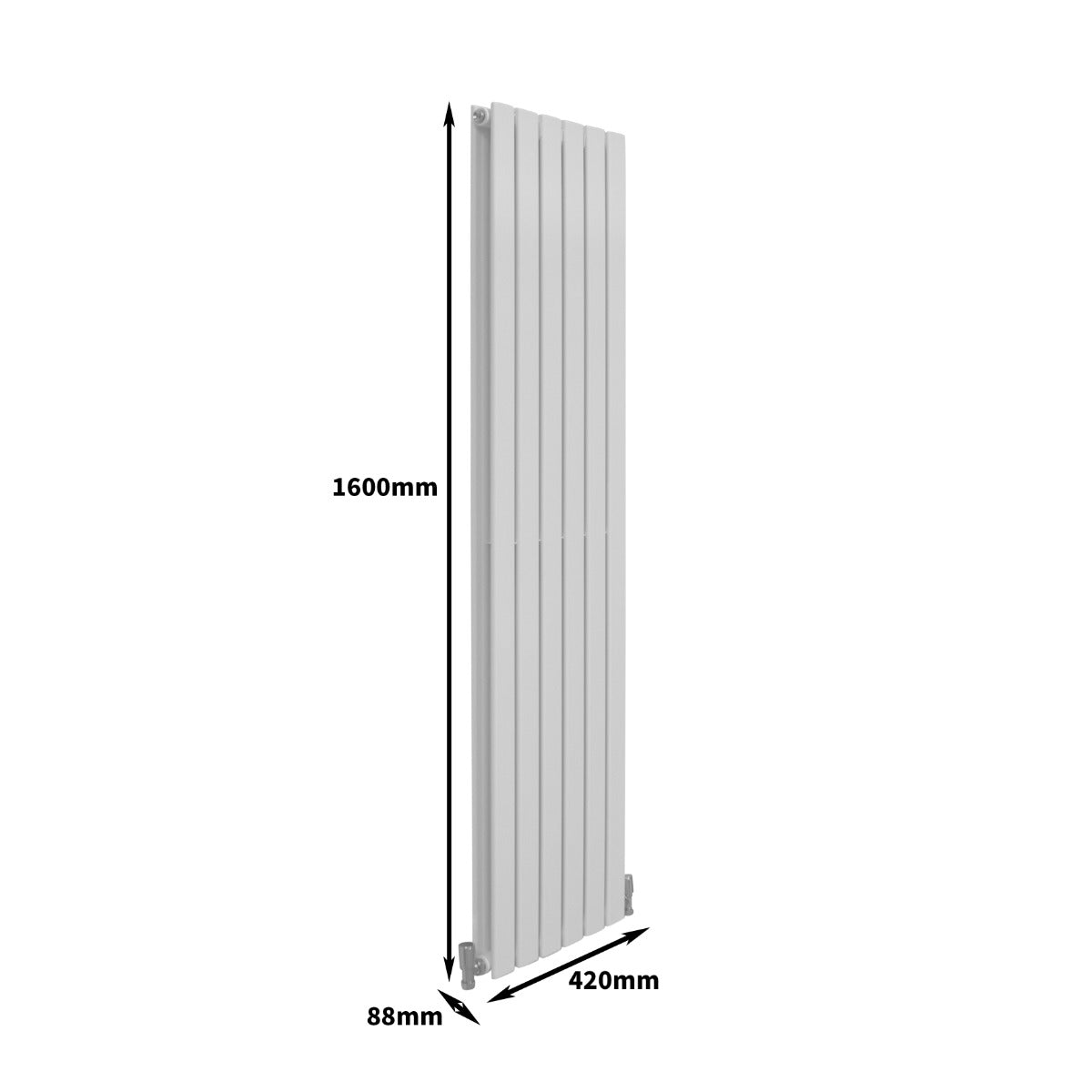 Hochformat Paneelheizkörper in glänzendem Weiß, 1600mm x 420mm, mit vertikalen Lamellen und glatter Oberfläche, ideal für moderne Innenräume