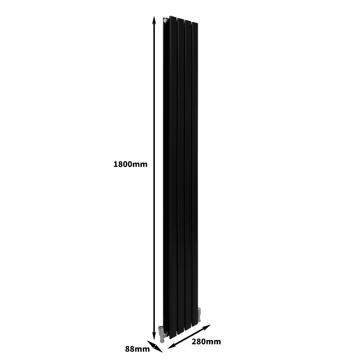 Schlanker, mattschwarzer Paneelheizkörper mit den Maßen 1800mm x 280mm, vertikale Lamellenstruktur und modernes, minimalistisches Design