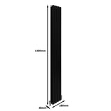 Schlanker, mattschwarzer Paneelheizkörper mit den Maßen 1800mm x 280mm, vertikale Lamellenstruktur und modernes, minimalistisches Design