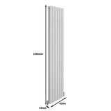 Glänzender weißer Paneelheizkörper mit vertikalen Lamellen, Maße 1800 mm x 420 mm, ideal für moderne Wohnräume und effiziente Wärmeverteilung