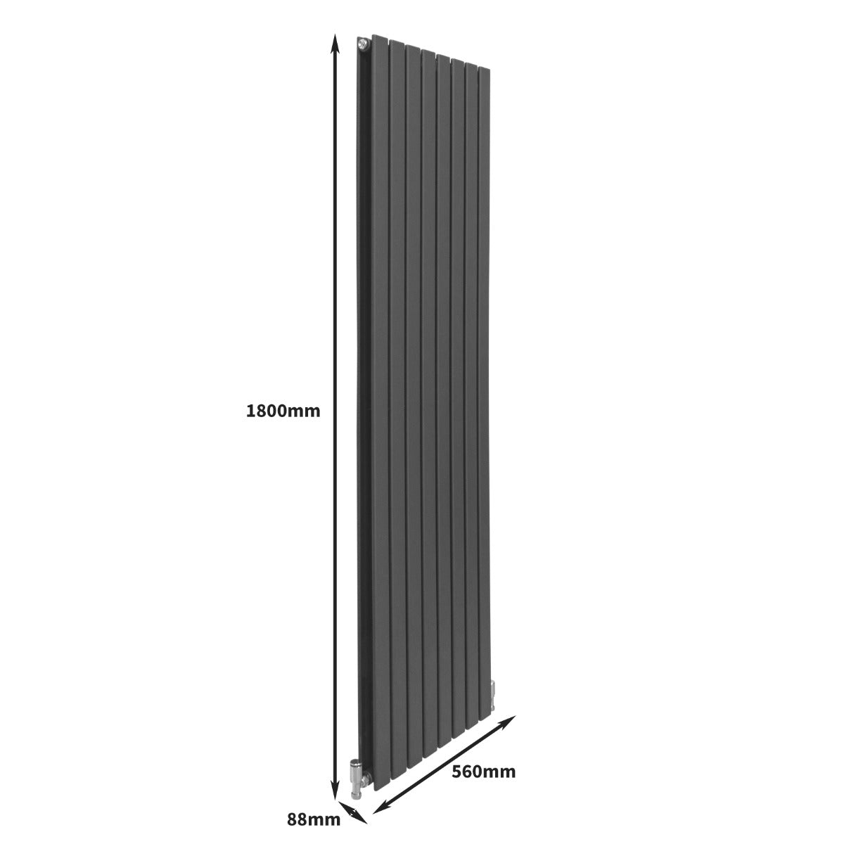 Eleganter anthrazitgrauer Paneelheizkörper mit vertikalen Lamellen, Maße 1800mm x 560mm x 88mm, ideal für moderne Wohnräume