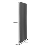 Eleganter anthrazitgrauer Paneelheizkörper mit vertikalen Lamellen, Maße 1800mm x 560mm x 88mm, ideal für moderne Wohnräume