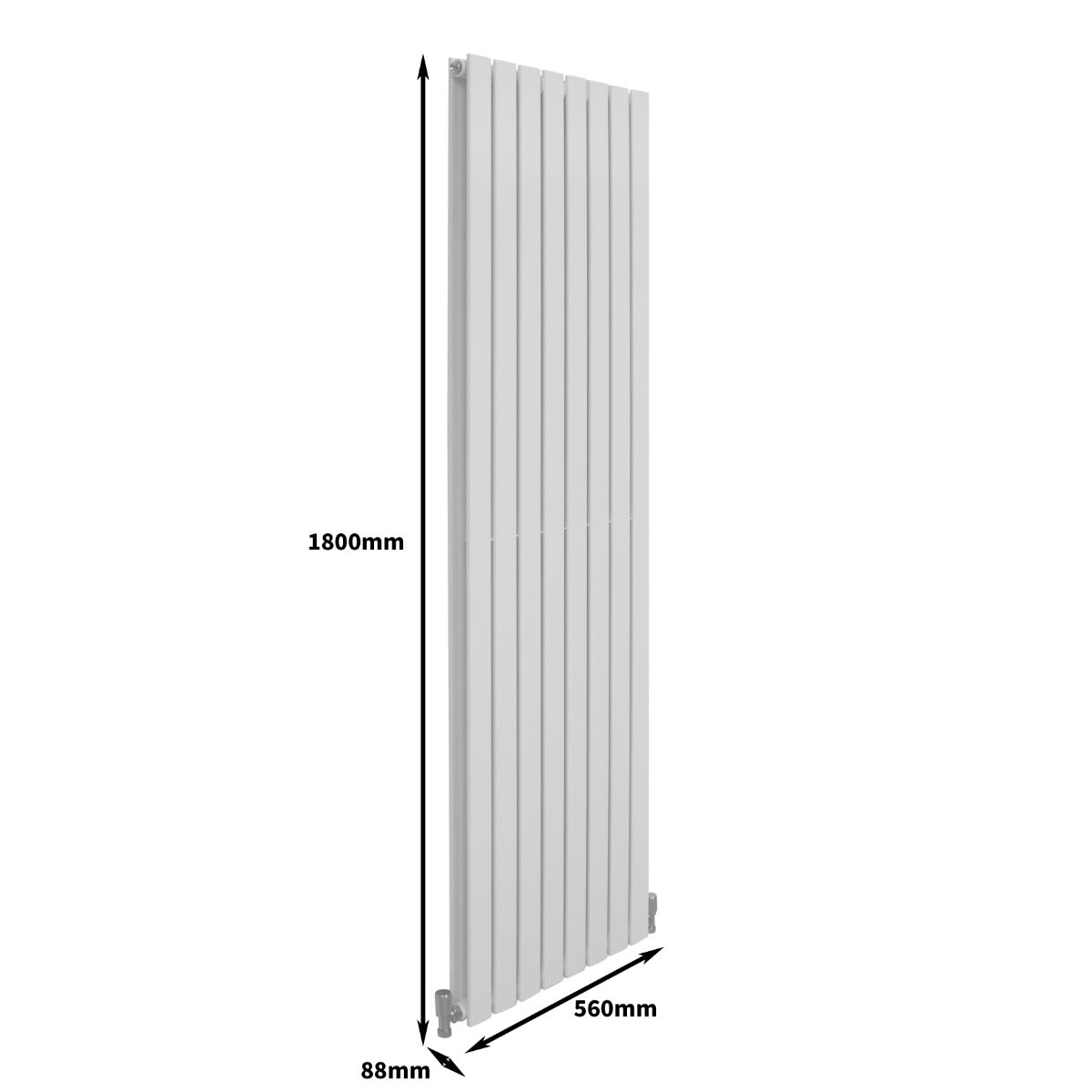 Hochformat Paneelheizkörper in glänzendem Weiß, 1800mm hoch und 560mm breit, mit vertikalen Lamellen und glatter Oberfläche, ideal für moderne Räume
