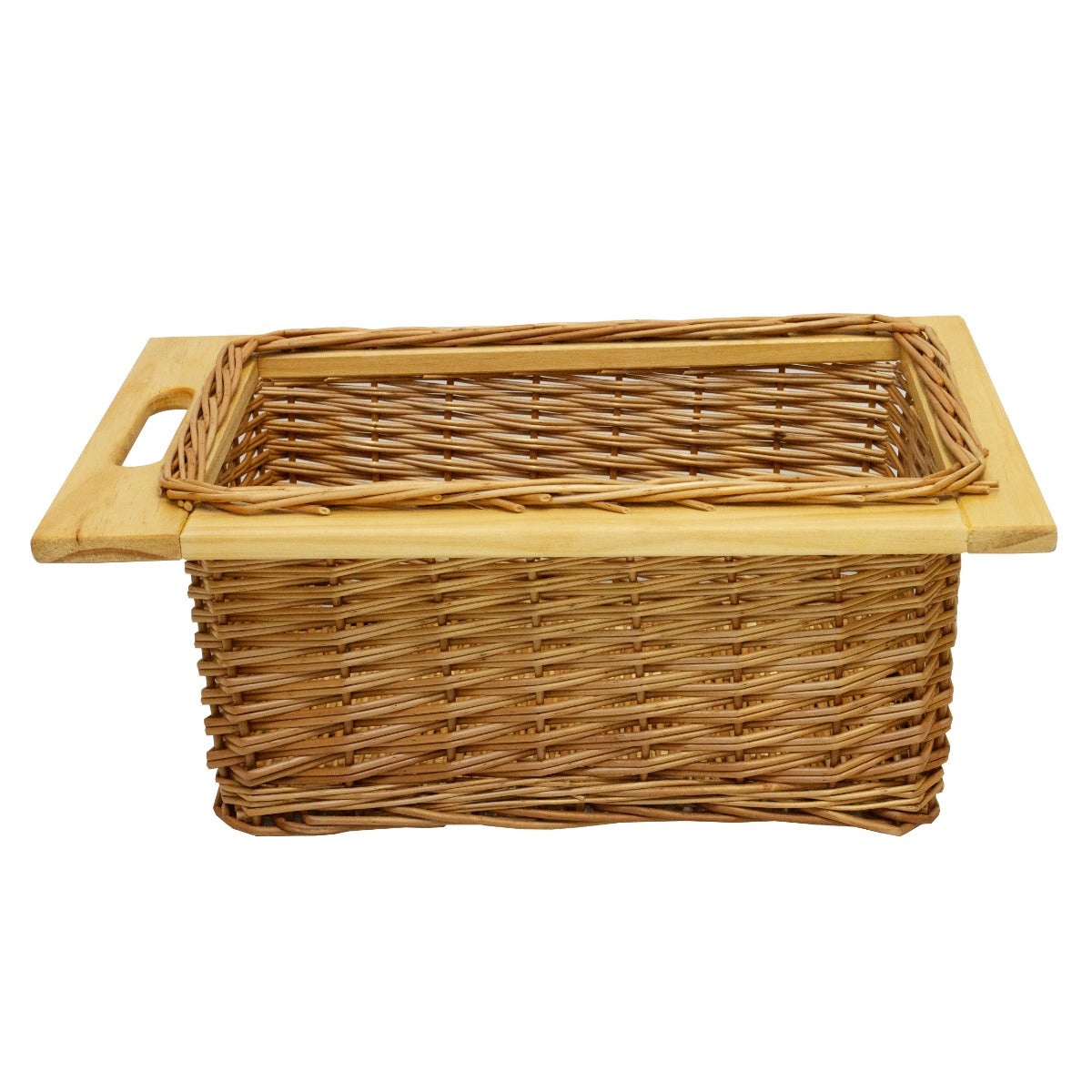 Drei ausziehbare Weidenkörbe mit Holzgriffen, geflochten in warmen Brauntönen, ideal für die Aufbewahrung und Organisation in Schränken