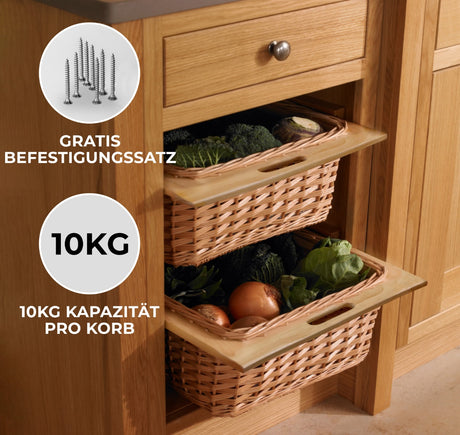 Drei ausziehbare Weidenkörbe in einem Holzschrank, gefüllt mit frischem Gemüse, robustes Design, 10 kg Tragfähigkeit pro Korb, inklusive Befestigungssatz
