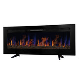 Eleganter Einbau Elektrokamin in Schwarz mit lebhaften blauen und orangefarbenen Flammen, realistischer Steinoptik und modernem Design, ideal für Wände