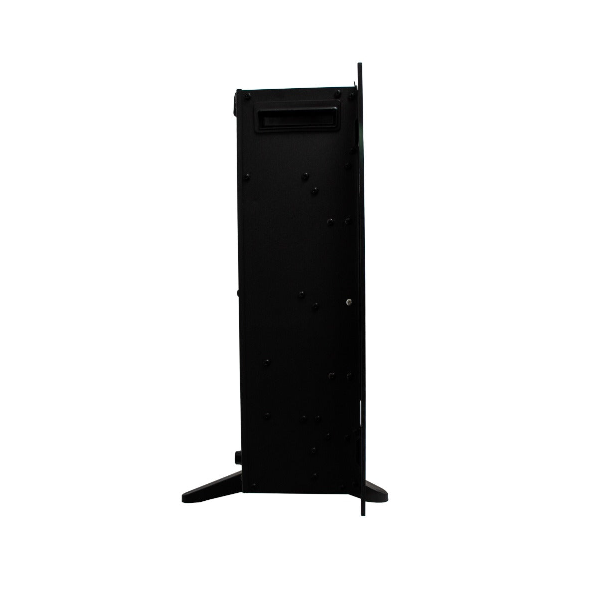 Schmaler, eleganter Elektrokamin in Schwarz, mit minimalistischer Rückseite und stabilen Standfüßen, ideal für Wandmontage in modernen Wohnräumen