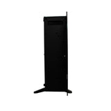 Schmaler, eleganter Elektrokamin in Schwarz, mit minimalistischer Rückseite und stabilen Standfüßen, ideal für Wandmontage in modernen Wohnräumen