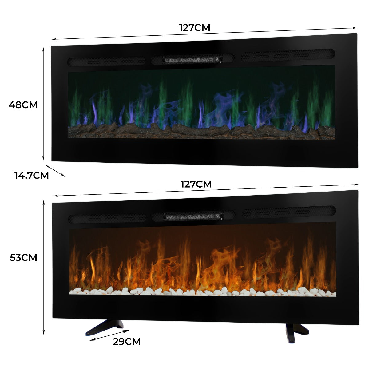 Eleganter Einbau Elektrokamin in Schwarz, 127 cm breit, mit realistischen Flammen in Blau und Orange, dekoriert mit weißen Steinen, modernes Design