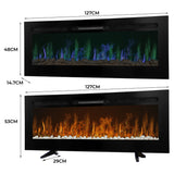 Eleganter Einbau Elektrokamin in Schwarz, 127 cm breit, mit realistischen Flammen in Blau und Orange, dekoriert mit weißen Steinen, modernes Design