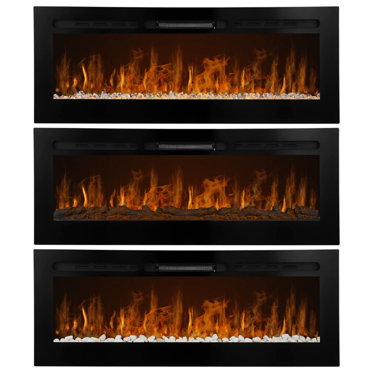 Eleganter Einbau Elektrokamin in Schwarz mit drei Flammenstufen, realistische Feuerdarstellung und dekorativen Steinen für ein modernes Ambiente