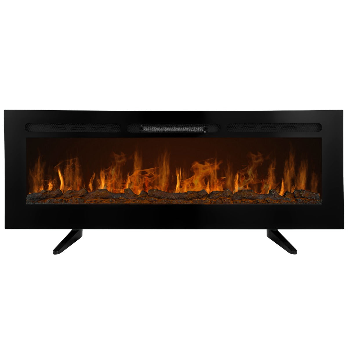 Eleganter, schwarzer Einbau Elektrokamin mit realistischer Flammenoptik, Holzscheiten und modernem, minimalistischen Design für stilvolle Innenräume