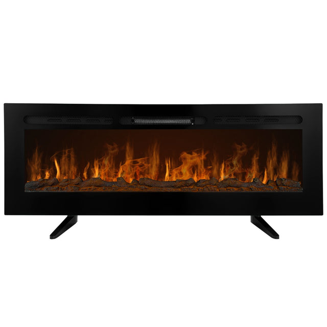 Eleganter, schwarzer Einbau Elektrokamin mit realistischer Flammenoptik, Holzscheiten und modernem, minimalistischen Design für stilvolle Innenräume