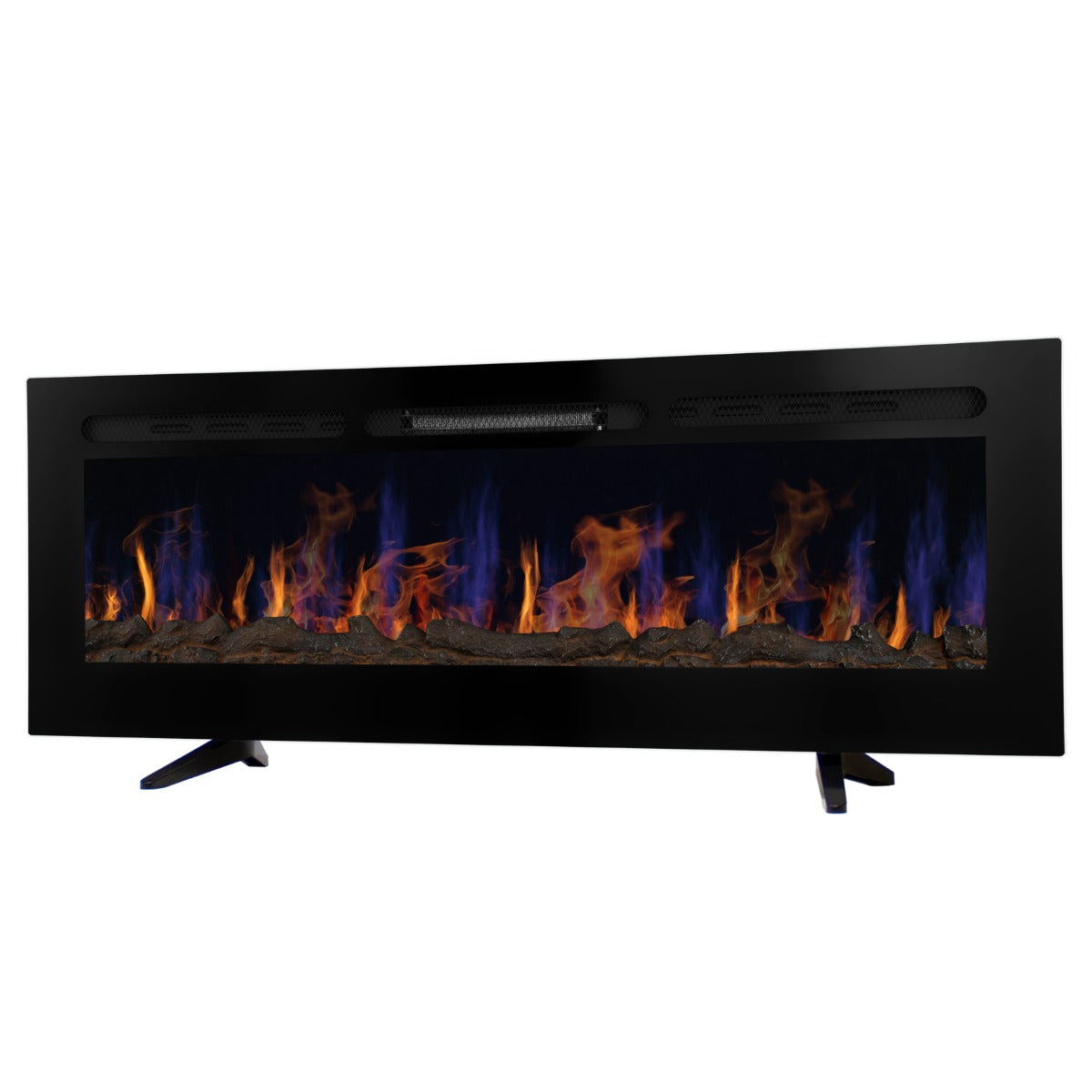 Eleganter Einbau Elektrokamin in Schwarz, 152 cm lang, mit lebendigen, flammenden LED-Effekten in Blau und Orange, ideal für moderne Wohnräume