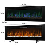 Ein moderner Einbau Elektrokamin mit zwei verschiedenen Flammenfarben, schwarzem Gehäuse, realistischer Steinoptik und eleganten Abmessungen von 152 cm