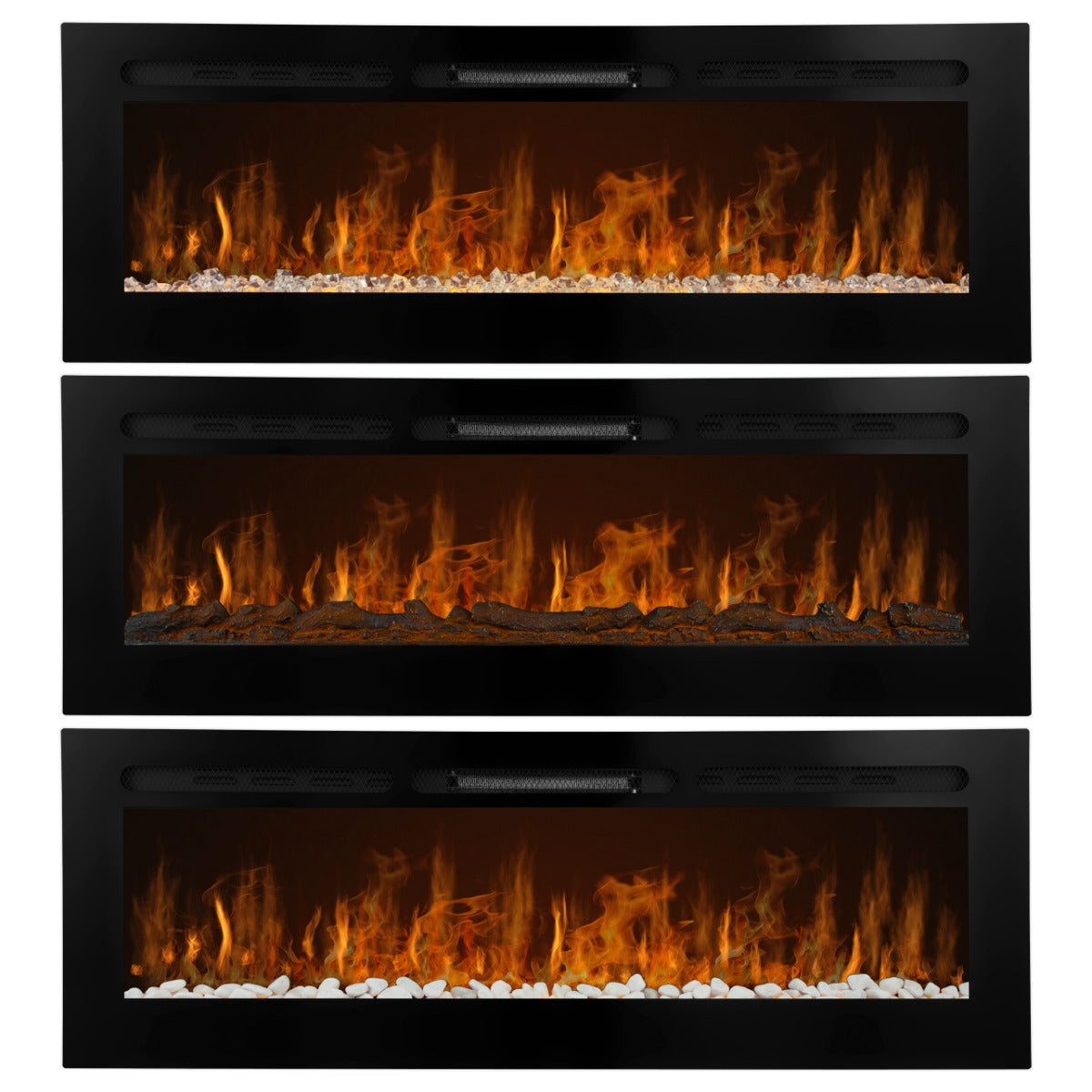Eleganter Einbau Elektrokamin in Schwarz mit realistischen Flammen, weißen Kieselsteinen und drei verschiedenen Heizstufen für gemütliche Atmosphäre