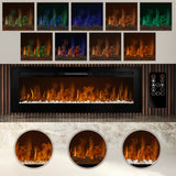 Einbau Elektrokamin in Schwarz mit realistischen Flammen in Orange und Blau, umgeben von weißen Steinen, Fernbedienung und eleganter Holzverkleidung