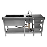 Elegante Deluxe Cocktail-Bar Station aus Edelstahl mit zwei Spülen, einem Wasserhahn und offenen Regalen für Flaschen und Utensilien
