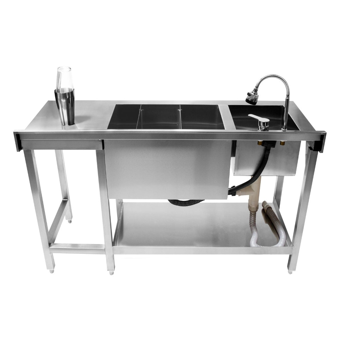 Moderne Cocktail-Bar Station aus Edelstahl mit zwei Spülen, Wasserhahn, Ablagefläche und einem eleganten, glänzenden Finish