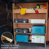 Robuster Werkzeugkasten aus Holz mit mehreren Fächern, gefüllt mit Werkzeugen, Kisten und einer rutschfesten Gummimatte im Ford Transit Custom