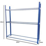 Robustes T-Rax Autoreifenregal in Blau mit drei stabilen Ablagen, ideal für die Aufbewahrung von Reifen, Maße: 185 cm hoch, 180 cm breit, 40 cm tief