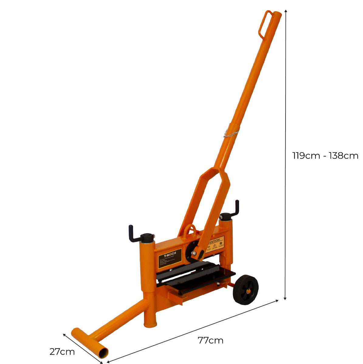 Der T-Mech 330mm Steinknacker in leuchtendem Orange mit robustem Stahlrahmen, verstellbarem Griff und großen Rädern für einfache Mobilität