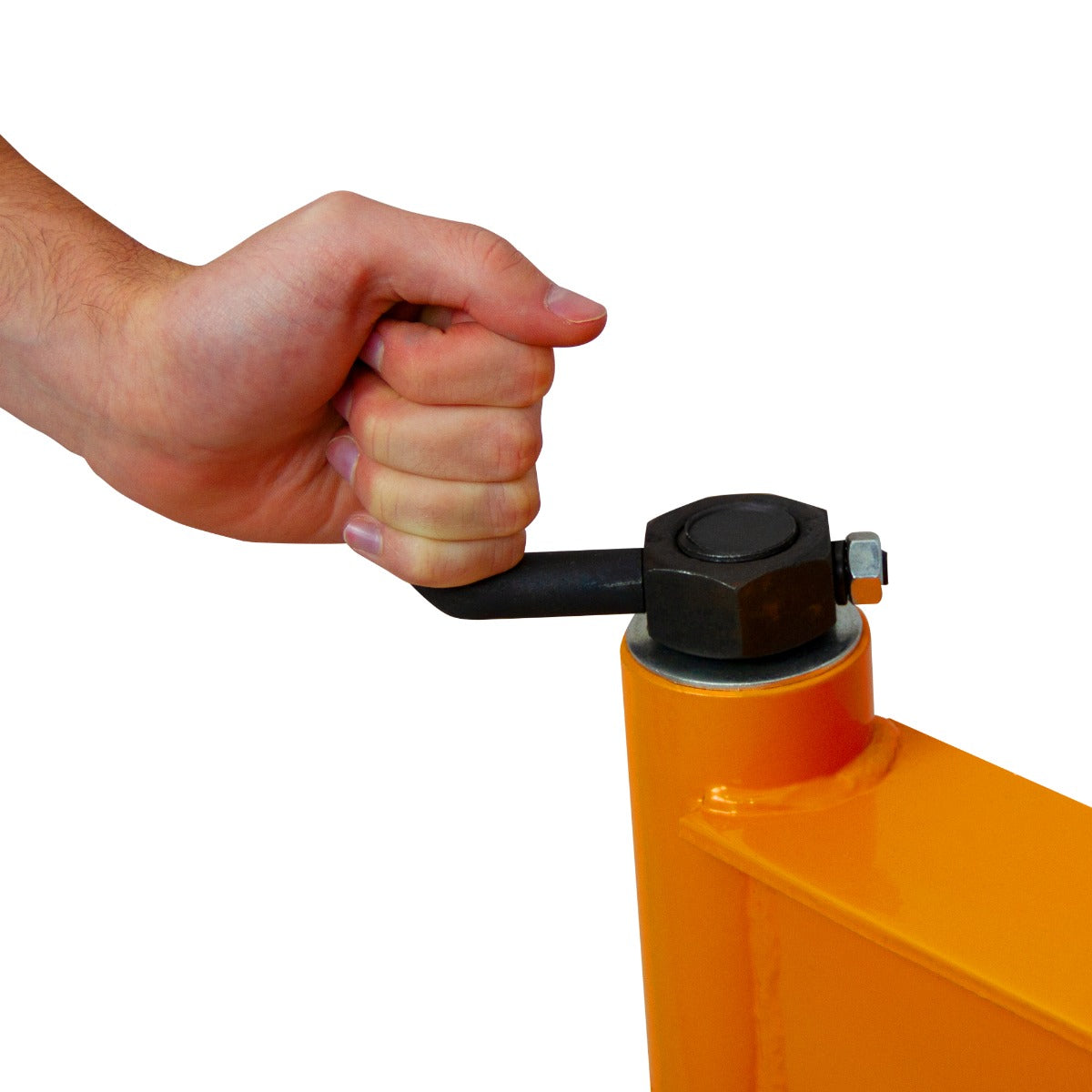 Hand greift den Hebel eines T-Mech 430mm Steinknackers in leuchtendem Orange, der robust und stabil aussieht, ideal für Steintrennarbeiten