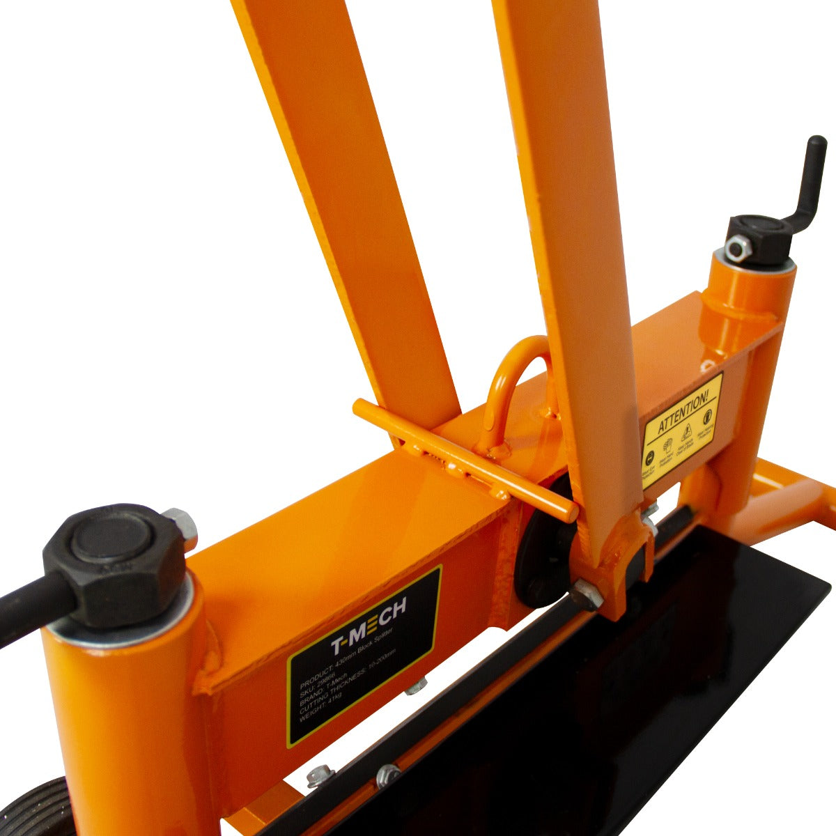 Der T-Mech 430mm Steinknacker in leuchtendem Orange, mit robusten Metallteilen, zeigt die hydraulische Presse und die scharfe Schneidekante für präzises Steintrennen