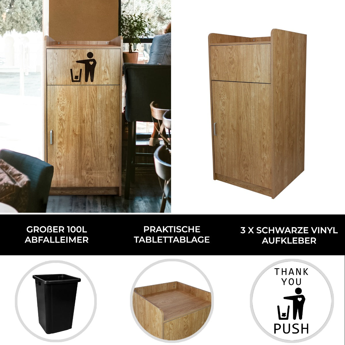 Abfallbehälter und Tablettablage aus heller Eiche, mit glatter Oberfläche und modernem Design, ideal für Gastronomie und öffentliche Räume