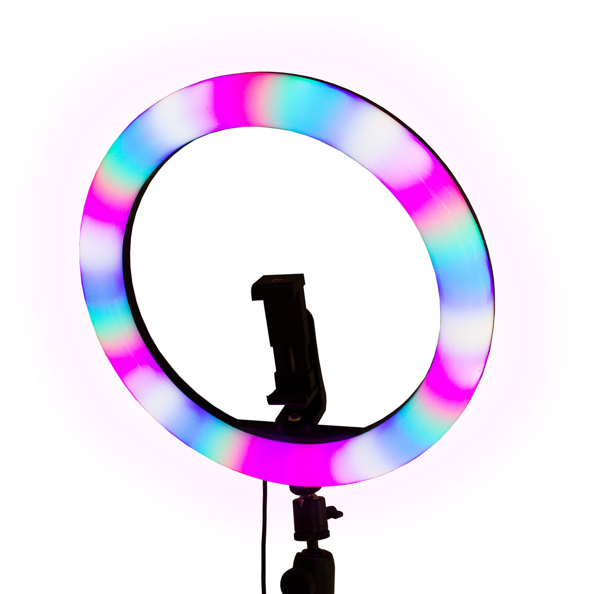 Runder LED-Ringlicht mit sanften Farbverläufen in Rosa, Blau und Weiß, montiert auf einem stabilen Stativ für optimale Beleuchtung
