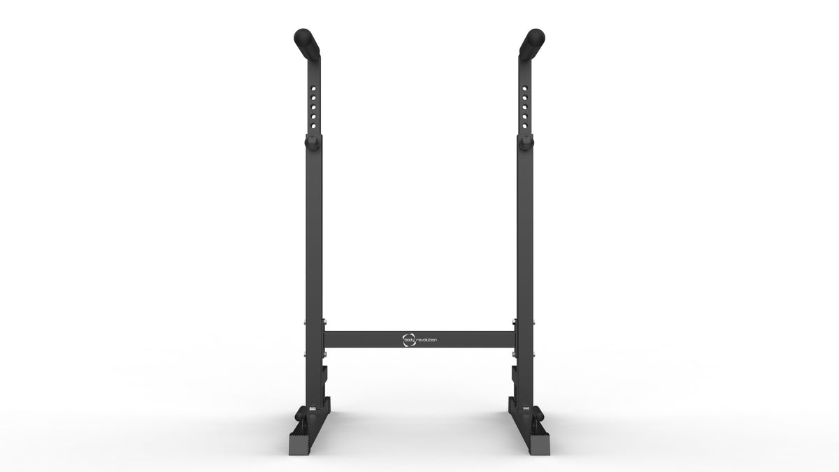 Schwarze Parallettes XL Dip-Barren mit stabilen, verstellbaren Stangen und rutschfesten Gummifüßen für sicheren Halt und optimale Trainingsbedingungen