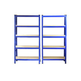 Zwei blaue Monster Racking T-Rax Lagerregale mit fünf stabilen, hellen Regalböden, ideal für die Aufbewahrung und Organisation von Gegenständen