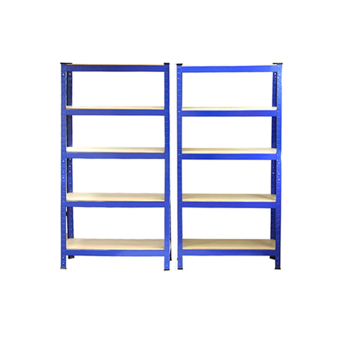 Zwei blaue Monster Racking T-Rax Lagerregale mit fünf stabilen Regalböden aus Holz, ideal für die Aufbewahrung und Organisation von Gegenständen