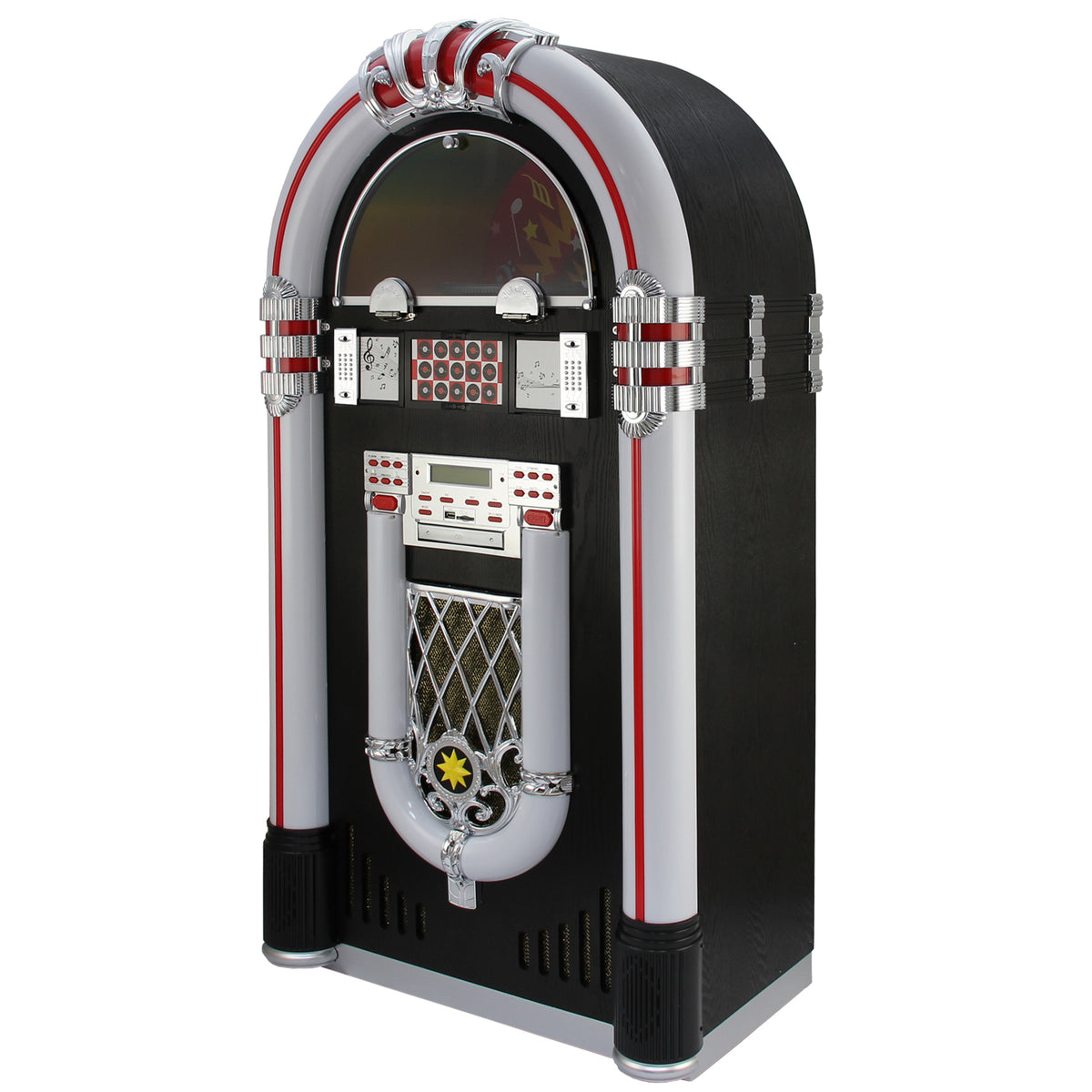 Ein klassischer Vinyl-Jukebox in Schwarz und Silber mit glänzenden Chromdetails, beleuchtetem Display und Tasten für die Musikauswahl