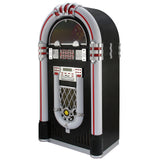 Ein klassischer Vinyl-Jukebox in Schwarz und Silber mit glänzenden Chromdetails, beleuchtetem Display und Tasten für die Musikauswahl