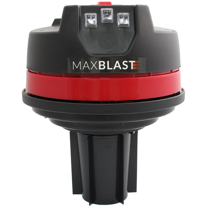 Schwarzer und roter MAXBLAST Ventilator mit runder Form, glänzender Oberfläche und drei LED-Lichtern auf der Oberseite, ideal für leistungsstarke Luftzirkulation
