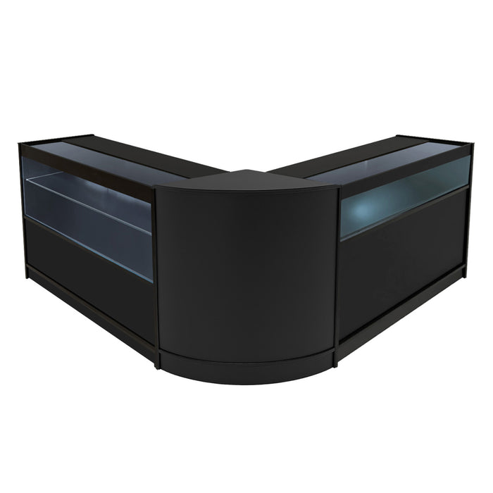 Moderne, schwarze Vitrine mit gläsernen Regalen und abgerundeten Kanten, ideal für die Präsentation von Produkten in einem Geschäft