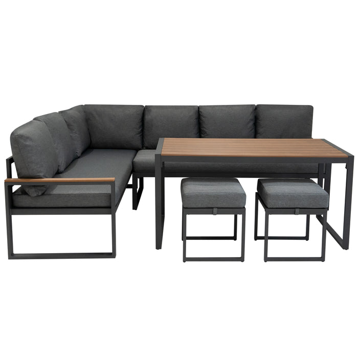 Moderne graue Gartenlounge mit Holz- und Metallrahmen, bestehend aus einer L-förmigen Couch, einem Tisch und zwei Hockern, ideal für entspannte Außenbereiche