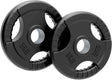Zwei schwarze, gummierte Tri-Grip Hantelscheiben mit einem Gewicht von je 5 kg, runde Form, rutschfeste Griffe und zentrale Bohrung für einfache Handhabung