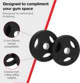 Zwei schwarze 2,5 kg Olympische Tri-Grip Gummi-Hantelscheiben mit rutschfestem Griff und 50 mm Bohrung, ideal für das Fitnessstudio