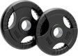 Zwei schwarze 10 kg Olympische Tri-Grip Gummi-Hantelscheiben mit rutschfestem Griff und mittigem Loch für einfache Handhabung und Stabilität
