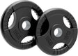Zwei schwarze, gummierte Hantelscheiben mit Tri-Grip Design, jeweils 15 kg, mit rutschfesten Griffen und einer glatten Oberfläche für einfaches Handling