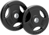 Zwei gummierte Olympia Hantelscheiben mit Tri-Grip, jeweils 25 kg, in schwarzer Farbe, mit rutschfestem Griff und präzisen Gewichtsinformationen