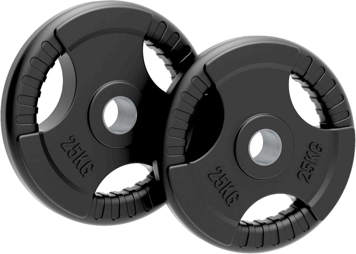 Schwarze Gummihantelscheiben mit Tri-Grip-Design, 2x25kg, 50mm Durchmesser, rutschfeste Oberfläche und klare Gewichtsanzeige für sicheres Training