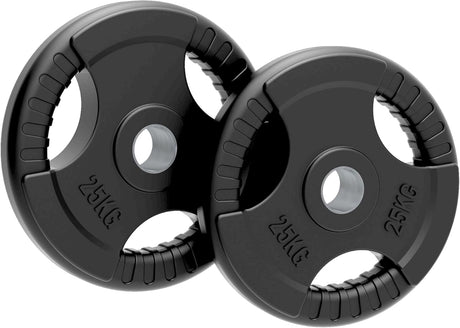 Schwarze Gummihantelscheiben mit Tri-Grip-Design, 2x25kg, 50mm Durchmesser, rutschfeste Oberfläche und klare Gewichtsanzeige für sicheres Training