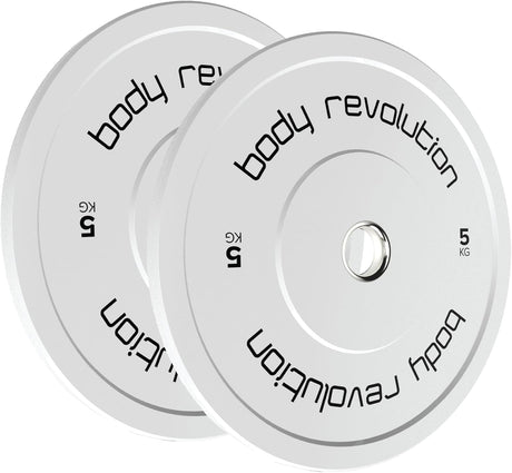 Zwei weiße 5 kg Olympische Bumper-Hantelscheiben von Body Revolution, mit glatter Oberfläche und schwarzer Schrift für klare Gewichtsangabe