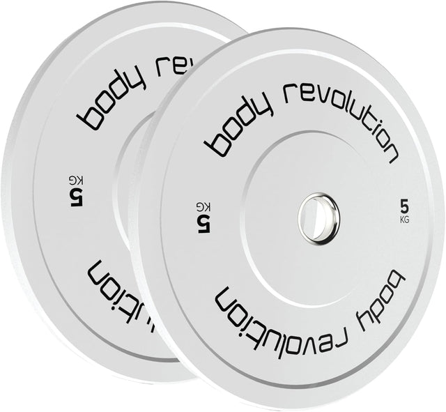 Zwei weiße 5 kg Olympische Bumper-Hantelscheiben von Body Revolution, mit glatter Oberfläche und schwarzer Schrift für klare Gewichtsangabe