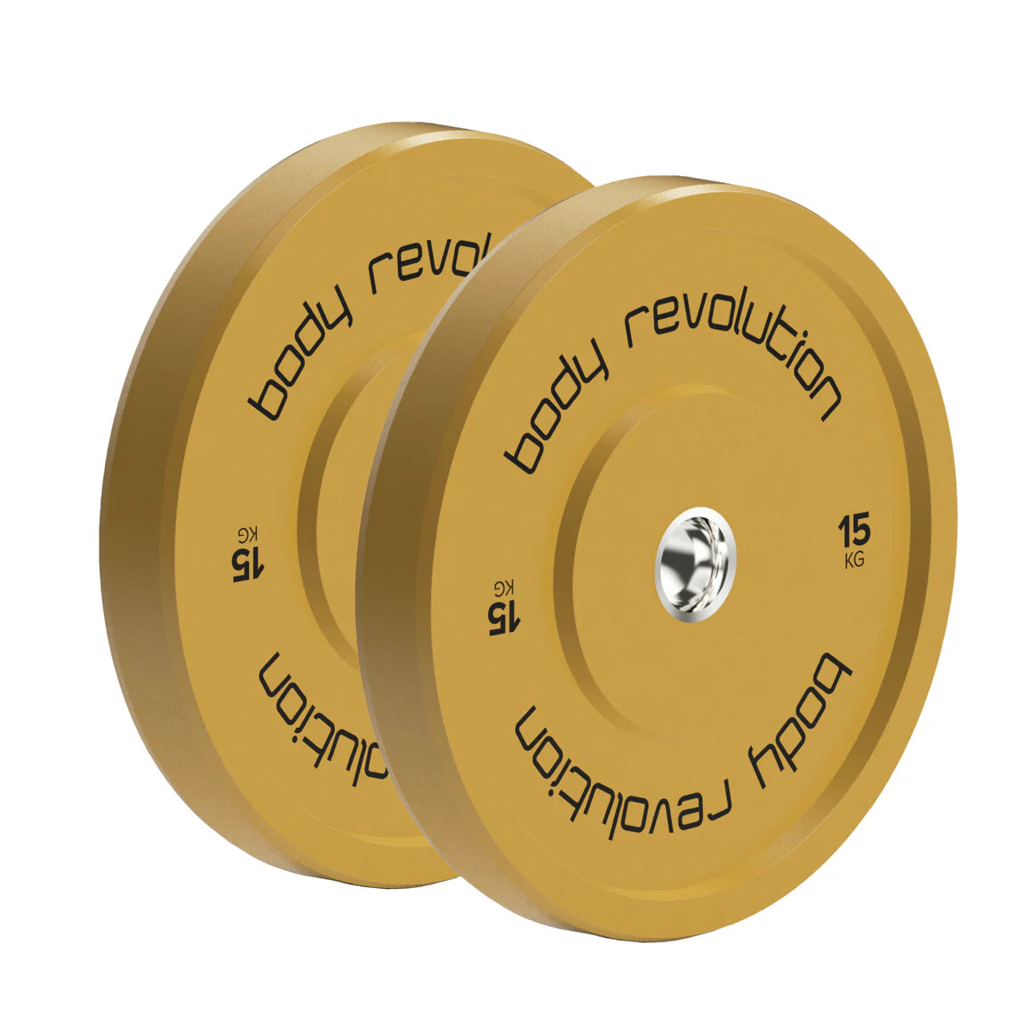 Zwei goldene Olympische Gummischeiben von Body Revolution, jeweils 15 kg, mit glatter Oberfläche und klarer Beschriftung für einfaches Gewichtlesen