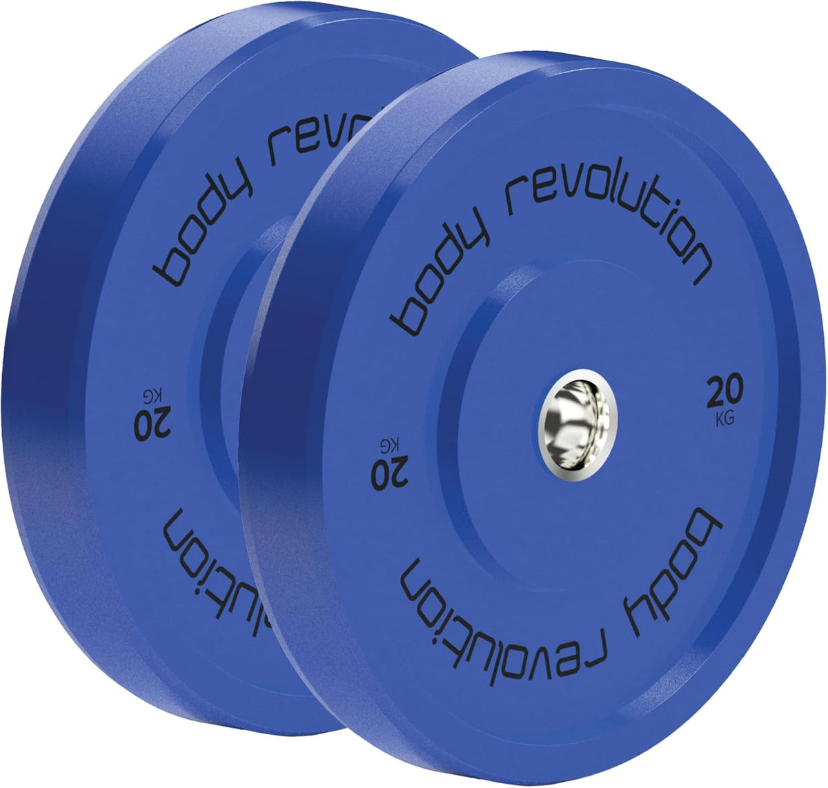 Zwei blaue Olympische Bumper-Scheiben von Body Revolution, jeweils 20 kg, mit glatter Oberfläche und präziser Gewichtsangabe auf der Seite