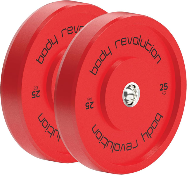 Rote Olympische Bumper Plates von Body Revolution, jeweils 25 kg, aus strapazierfähigem Gummi, mit glatter Oberfläche und präziser Beschriftung